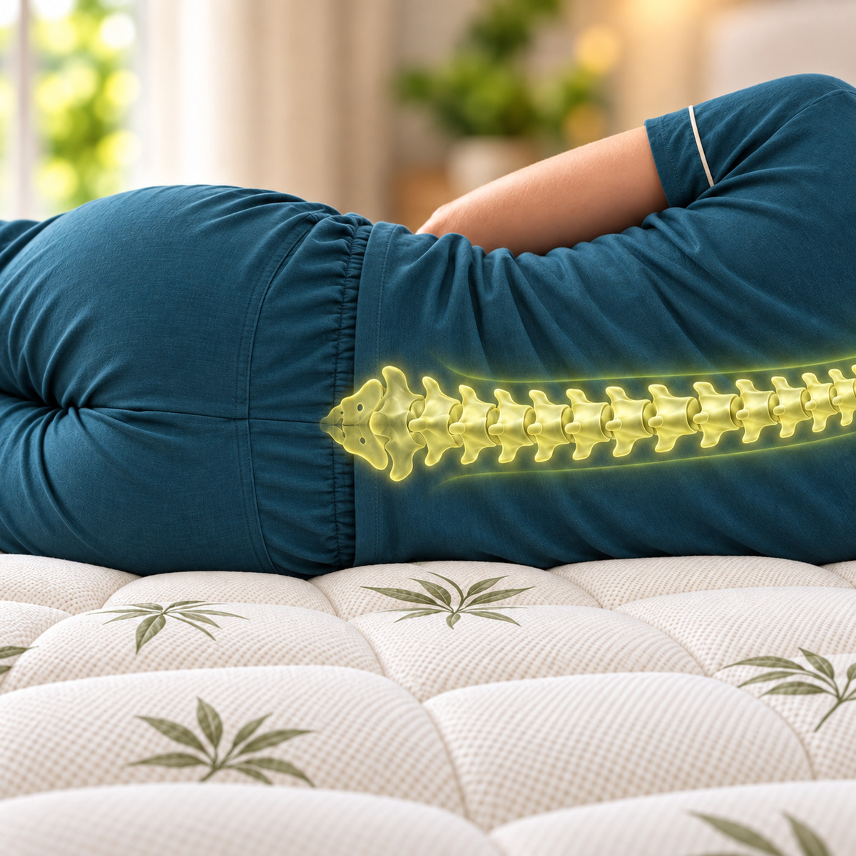 Person lying on their side, spine highlighted, on the bamboo topper